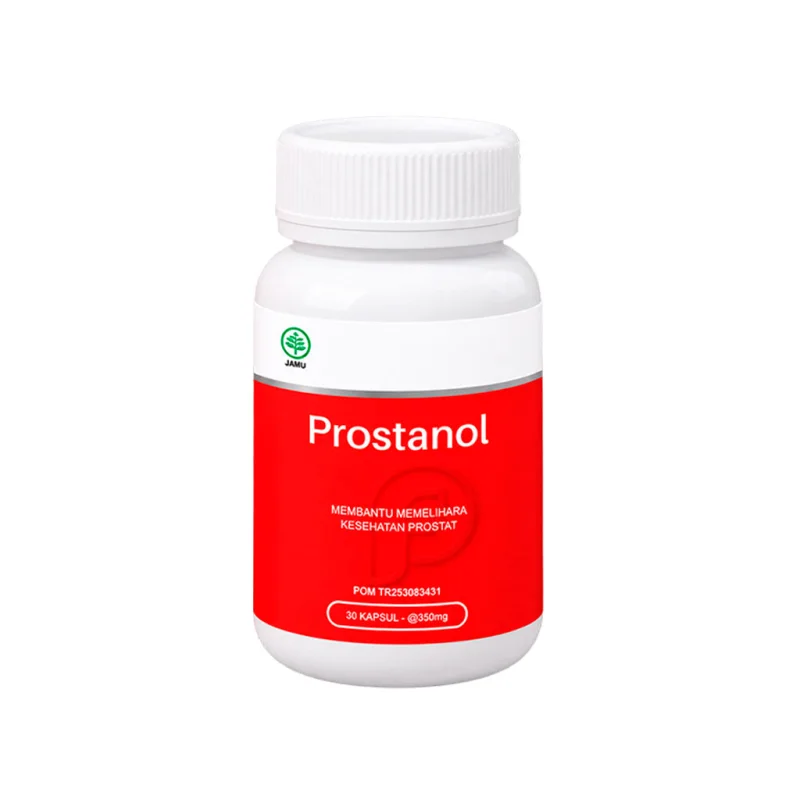 Botol Prostanol berisi 30 kapsul dengan logo jamu pada label